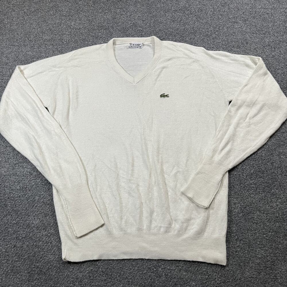 Vintage Izod Lacoste Sweater Mens XL Ivory Pullover V-Neck Cotton Classic 90s